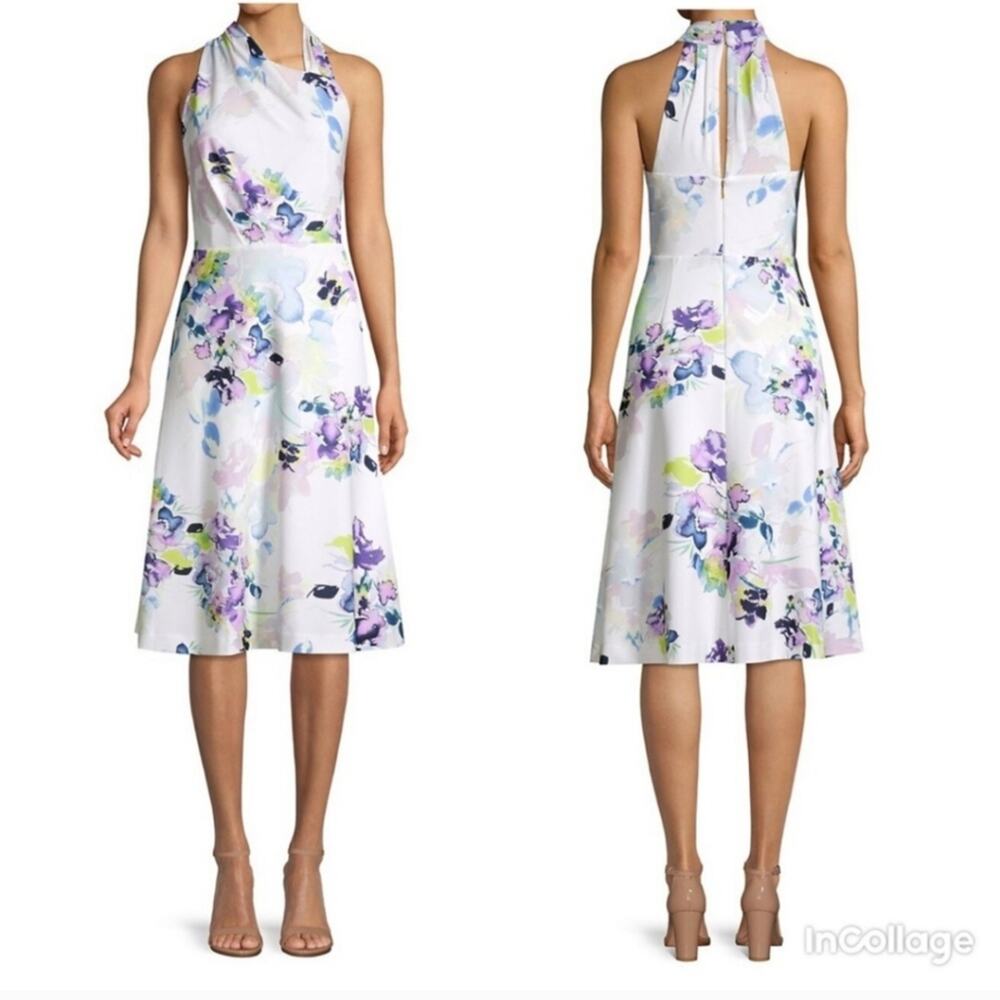 Size 6 Donna Karan white floral halter midi dress, excellent condition